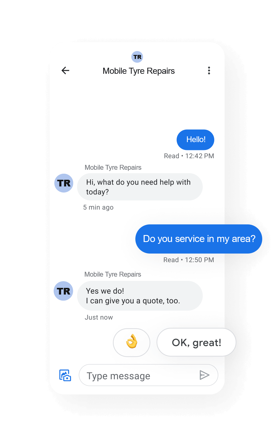 Google Business Profile displaying customer using chat feature to ask business owner a question